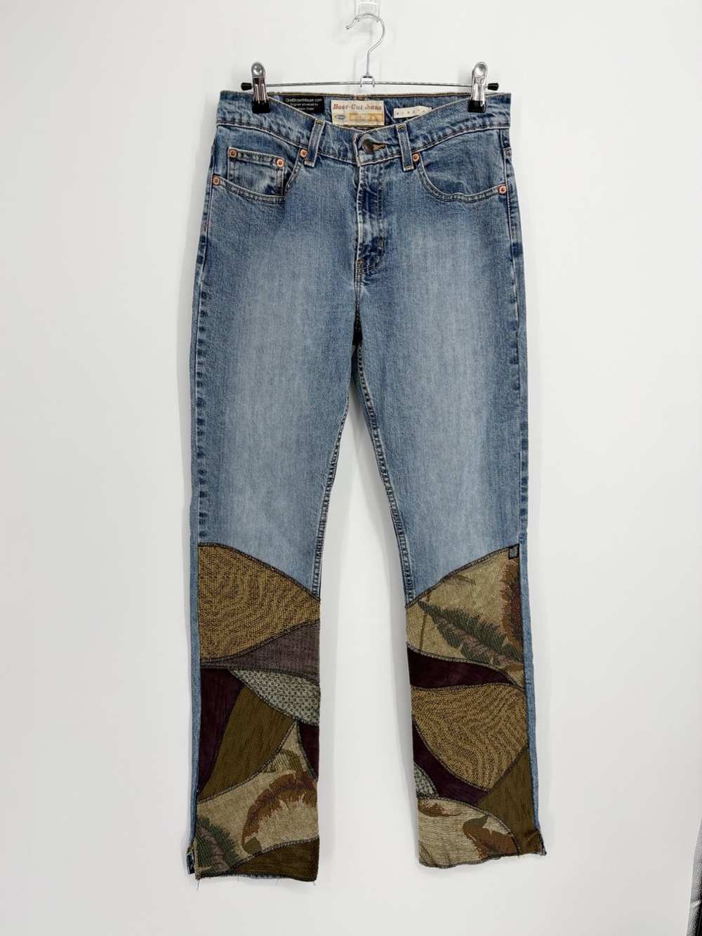 Custom Upcycled Vintage Patchwork Hem Light Blue Bootcut Jeans